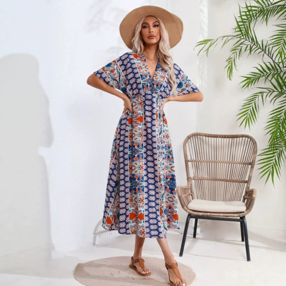 Real Photo Printed Slit V Neck Beach Vacation Dress 3 Colors Available